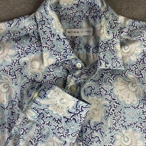 Etro Shirt Mens 41 Blue White Paisley Floral Button Up Made Italy Cotton Medium
